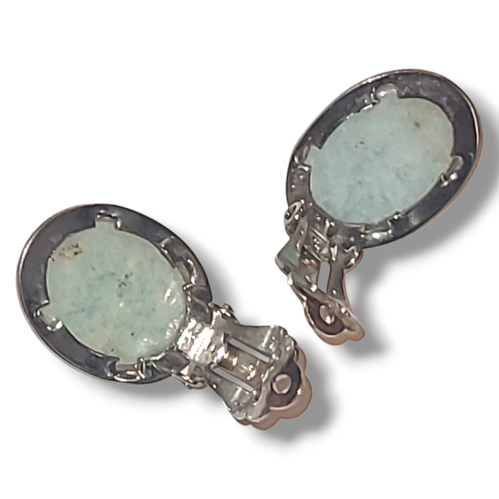 Larimar Cabochon Clip On Earrings Oval Blue Stone Silver Tone Vintage Style - Picture 5 of 5